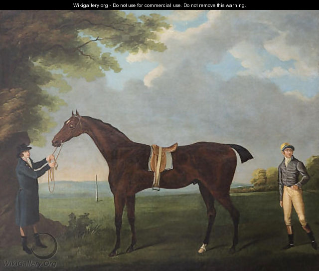 Diamond, held by a Groom, with his jockey Dennis Fitzpatrick, in a landscape - John Nost Sartorius