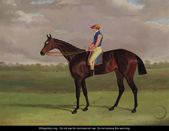 Bessy Bedlam, a brown racehorse with Tommy Lye up, in a landscape - John Frederick Herring Snr