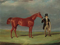 Bedlamite, a chestnut racehorse held by his trainer, in an extensive landscape - John Frederick Herring Snr