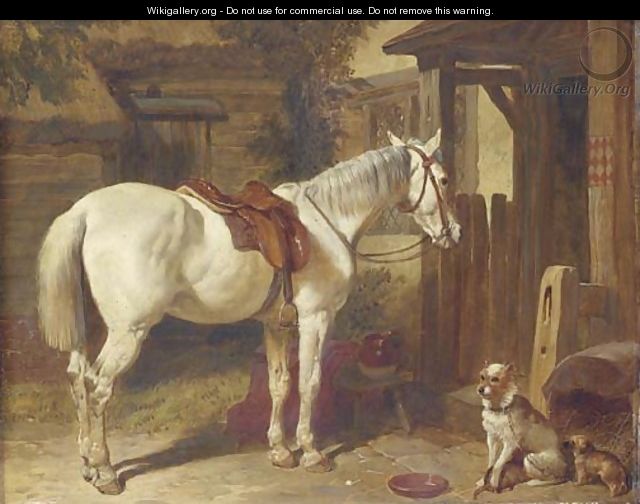 A saddled grey pony and dogs outside an inn - John Frederick Herring Snr