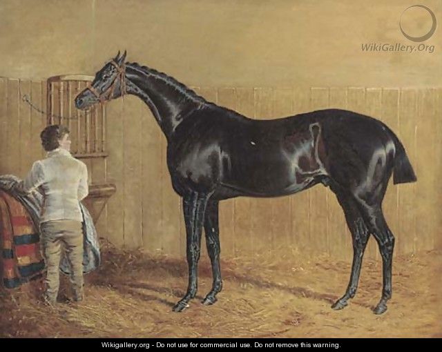 A racehorse in a stable with a groom - John Frederick Herring Snr