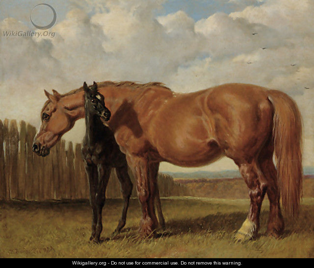 A chestnut mare with her foal in a paddock - John Frederick Herring Snr