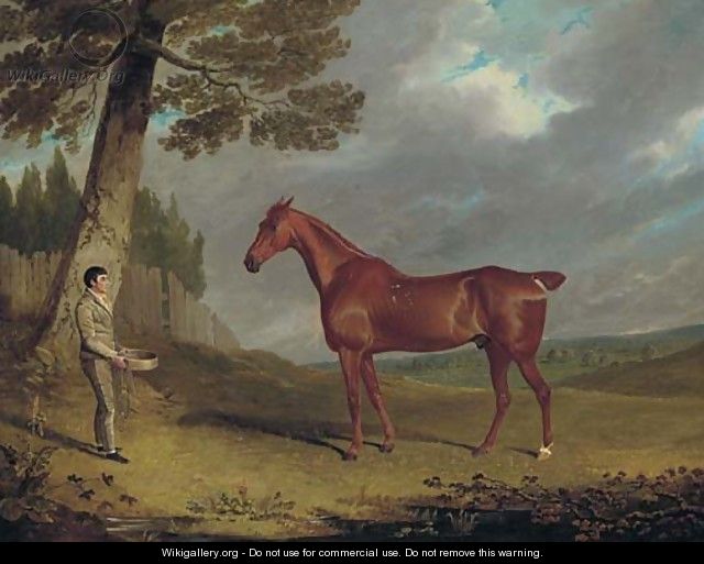 A chestnut hunter and a groom in a landscape - John Frederick Herring Snr