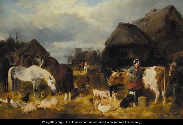 A farmyard scene with milkmaid and a farm labourer - John Frederick Herring Snr