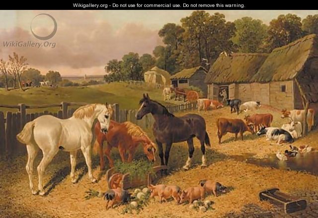 Horses, cattle, pigs, and ducks, in a farmyard, a hunt beyond - John Frederick Herring, Jnr.