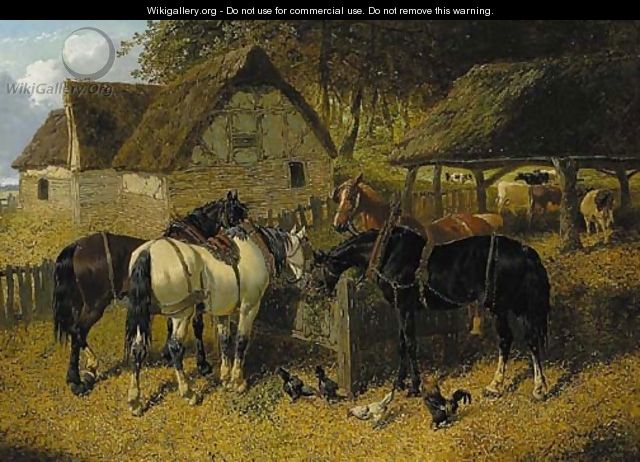 Horses feeding in a farmyard, with chickens, and cattle beyond - John Frederick Herring, Jnr.