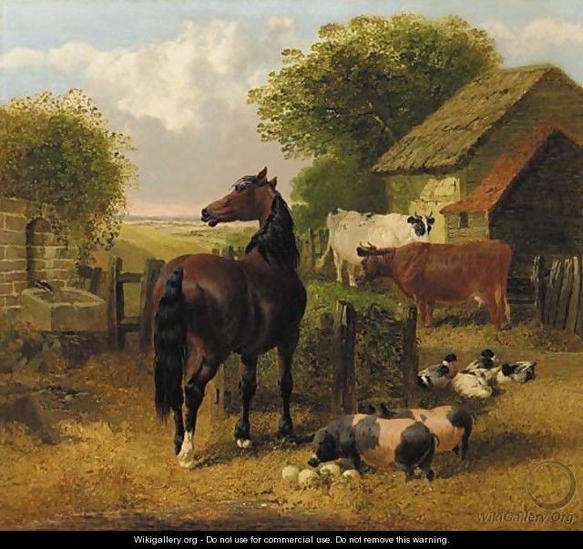 A horse, pigs, ducks and cattle in a farmyard - John Frederick Herring, Jnr.