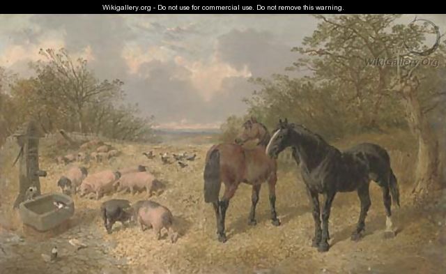 A bay and a black horse, pigs and chickens beside a trough - John Frederick Herring, Jnr.