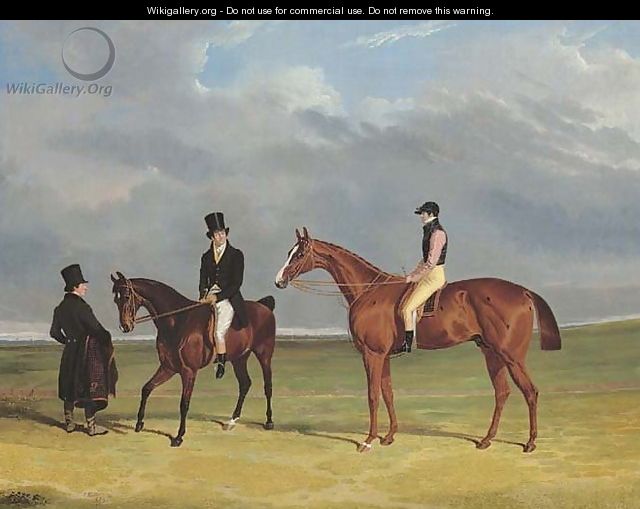 The Colonel with William Scott up and John Scott on a dark bay hack, with groom, Doncaster racecourse beyond - John Frederick Herring Snr