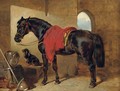 The cavalier's charger, saddled and draped with a crimson cloth, a King Charles spaniel with a blue bow around its neck, a cuirass - John Frederick Herring Snr