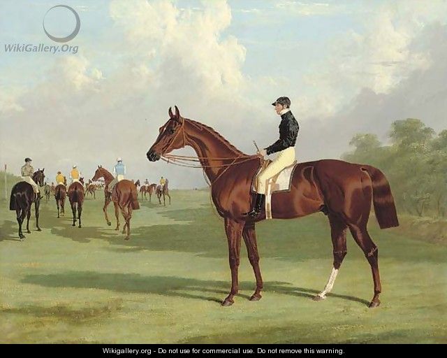 Mundig with William Scott up at the start for the 1835 Derby, jockeys and racehorses on the course beyond - John Frederick Herring Snr