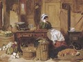 Jennie asleep at a kitchen table, surrounded by fruit and vegetables, with two dogs and a cat in front of the stove at her feet - John Frederick Herring Snr