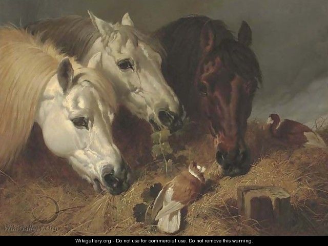 Horses feeding with two ornamental pigeons at a manger - John Frederick Herring Snr