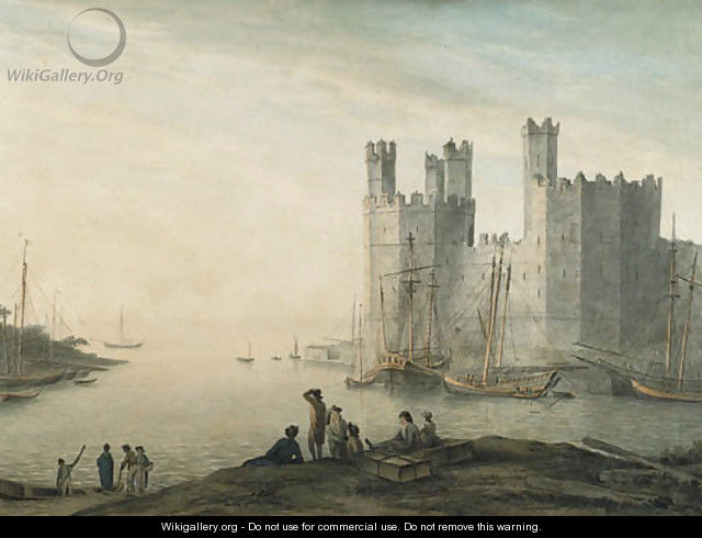 Caernarvon Castle, with boats and figures in the foreground - John Glover