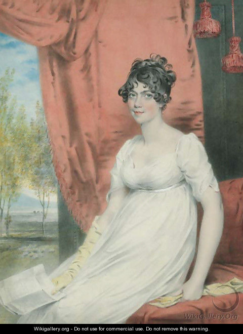 Portrait of (the younger) Miss Stuart of Albemarle Street, seated three-quarter-length, in a white dress with yellow gloves, holding a letter - John Downman