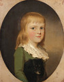 Portrait of Frederick William Hallet Hodges, half-length, in a green coat, with a black spaniel, feigned oval - John Downman