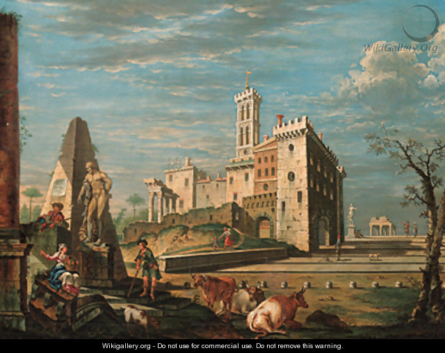 A capriccio, with a castello and figures by the Farnese Hercules - John Devoto