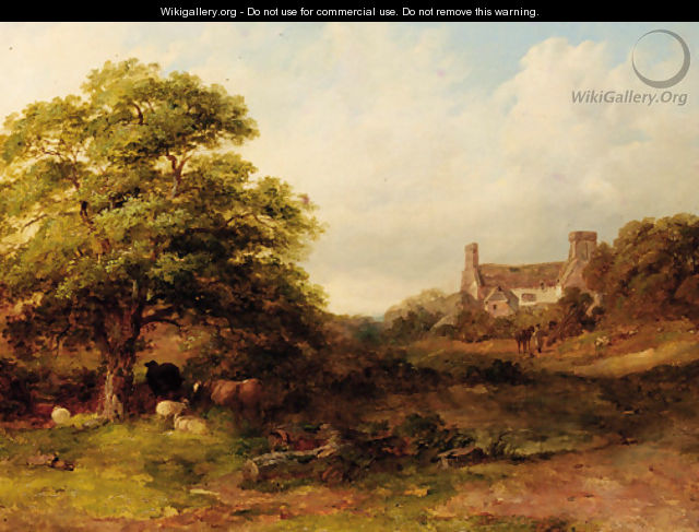 Cattle and sheep in a wooded landscape with a cottage beyond - John Dearman