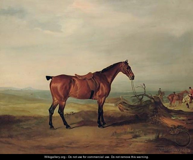 A saddled bay hunter in a landscape, with huntsmen and hounds beyond - John Ferneley, Snr.
