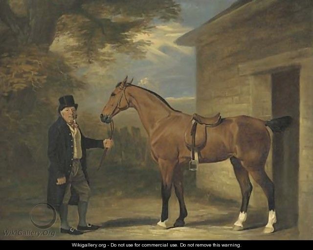 A gentleman with a bay hunter outside a stable - John Ferneley, Snr.