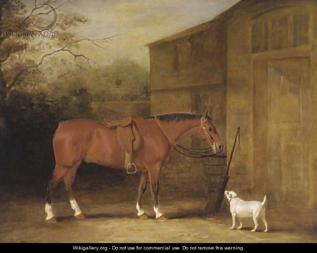 A bay hunter and a dog outside a stable - John Ferneley, Snr.