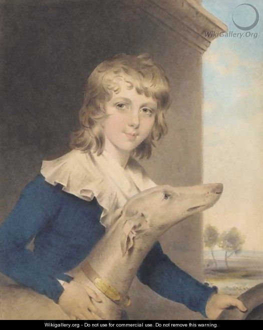 Portrait of Master Twisden, three-quarter-length, in a blue coat, with a white collar, beside a whippet, holding a hat, a landscape beyond - John Downman
