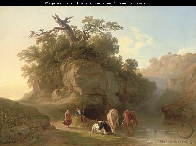 Drover and cattle beside a pool - John F Tennant