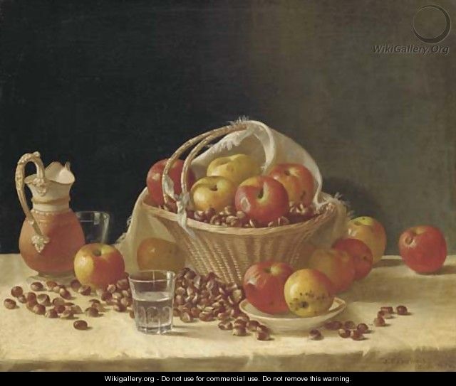 Still Life with Apples, a Basket and Chestnuts - John F Francis
