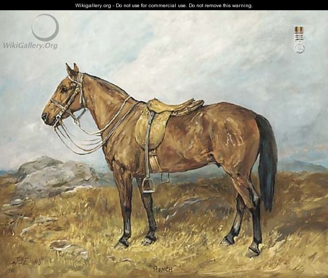 Punch, a saddled military pony, in a landscape - John Emms