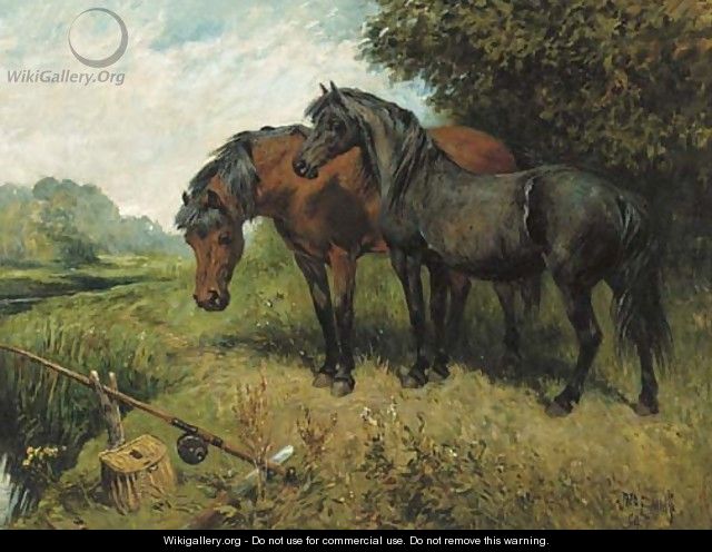 Ponies on a riverbank - John Emms