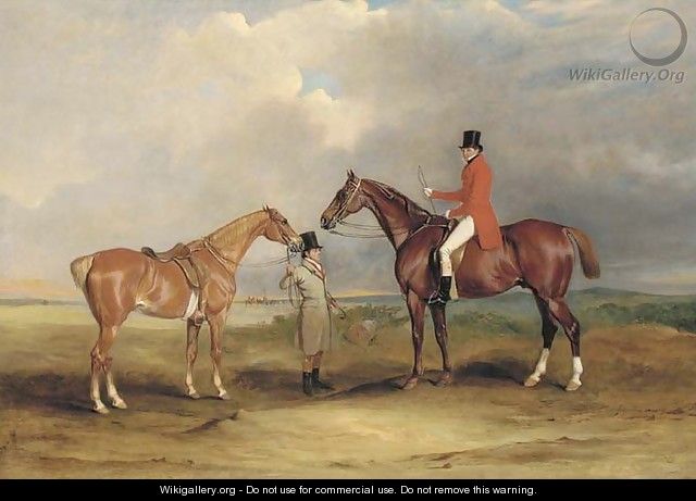 Portrait of John Drummond on a hunter, with a groom holding his second horse, in a landscape, a hunting party beyond - John Ferneley, Snr.
