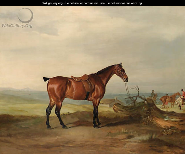 A saddled bay Hunter, in an extensive landscape, with huntsmen and hounds beyond - John Ferneley, Snr.