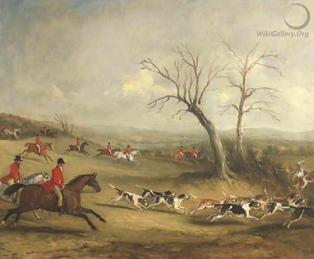 Full Cry Captain White hunting with the Quorn, with Hoby Church and Brooksby Hall in the distance - John Jnr. Ferneley