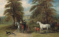 A Lady and a Gentleman setting out riding, in the park of a country house, possibly Barlborough Hall, Derbyshire, visible through an avenue of trees - John Jnr. Ferneley