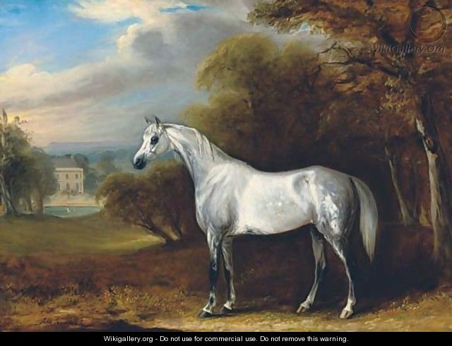 A grey Arabian in a landscape, with the south front of Hollin Hall, North Yorkshire beyond - John Jnr. Ferneley