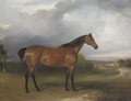 A bay hunter in a landscape with figures and horses by a path in the distance and a town beyond - John Jnr. Ferneley