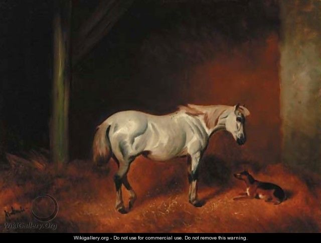 A grey pony with a dog in a stable - John Alfred Wheeler