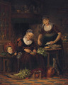 Women preparing a meal in a parlour by a young boy and a cat - Johanus Petrus Van Horstok
