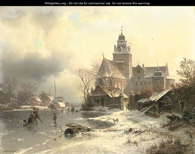 Skaters in a frozen winter landscape - Johannes Bartolomaus Duntze