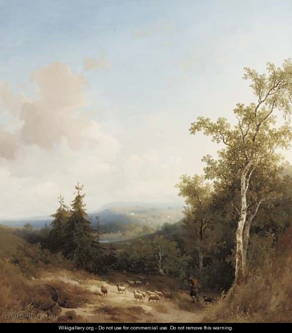A shepherd on a mountain path, a valley beyond - Johannes Warnardus Bilders