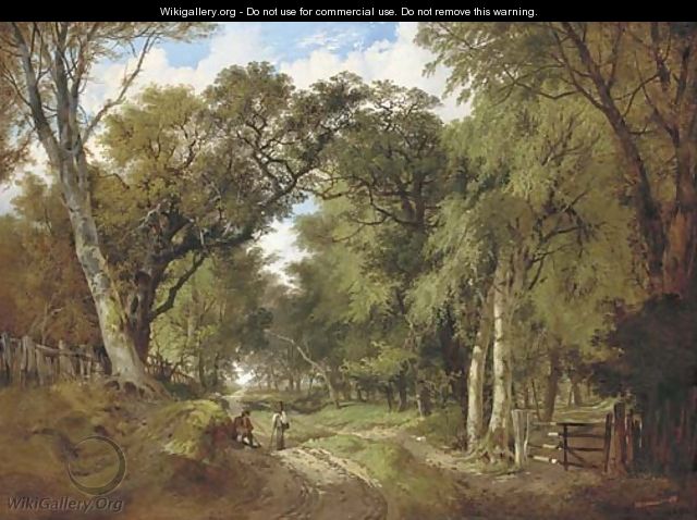 A wooded landscape with figures resting on a track - John Berney Ladbrooke