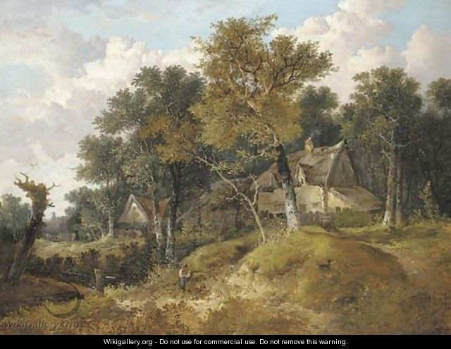 A wooded landscape with cottages and a figure resting by a stream - John Berney Ladbrooke