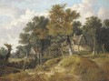 A wooded landscape with cottages and a figure resting by a stream - John Berney Ladbrooke