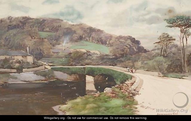 Figures walking on a bridge over the River Wakeham, Dartmoor - John Baragwanath King