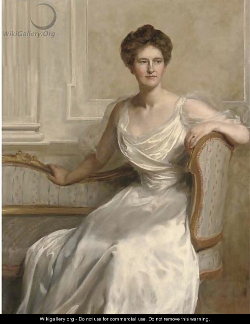 Portrait of Mary Frances Wilson, seated three-quarter-length, in a white dress, in an interior - John Maler Collier