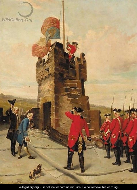 Raising a flag on a military battlement - John Cheltenham Wake