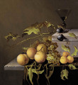 Peaches and grapes on the vine, with a goblet of wine on a casket, on a partially draped stone ledge - Johannes Borman