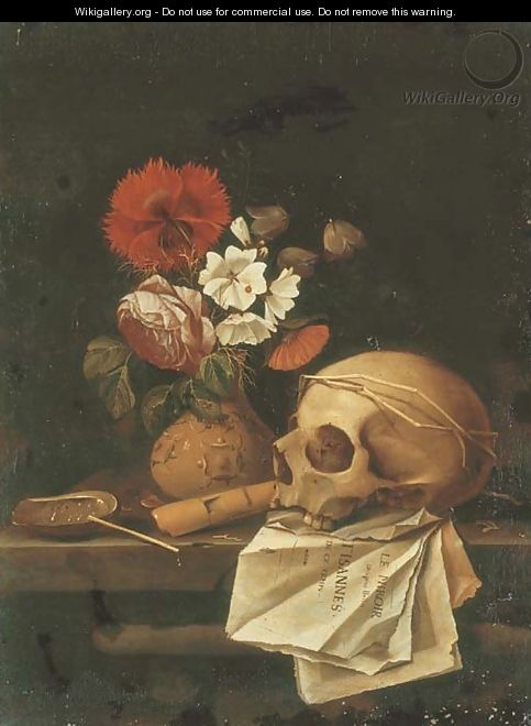 A vanitas still life with a skull, flowers in a terracotta vase - Johannes Borman