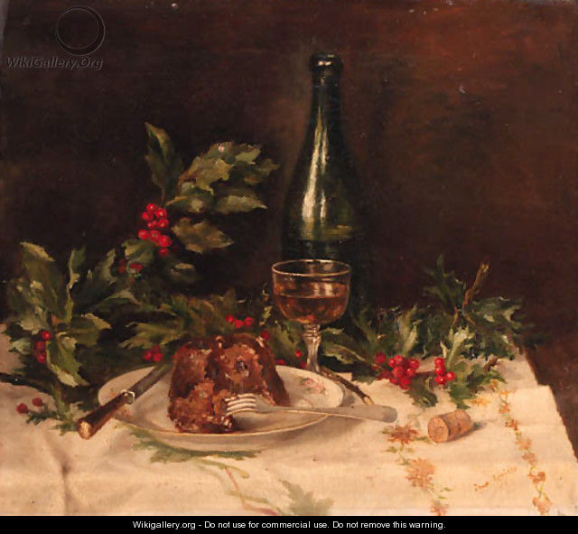 A still life with christmas-pudding, holly and wine - Johanna Helena Looisen