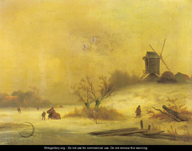A winterlandscape with peasants near a windmill - Johannes Franciscus Hoppenbrouwers